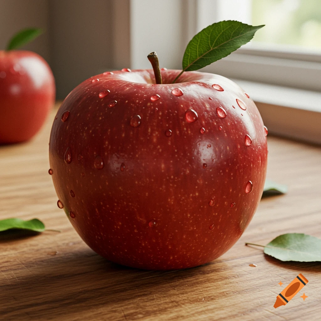 A photorealistic close-up of a red apple covered in water droplets with a green leaf, resting on a wooden surface.