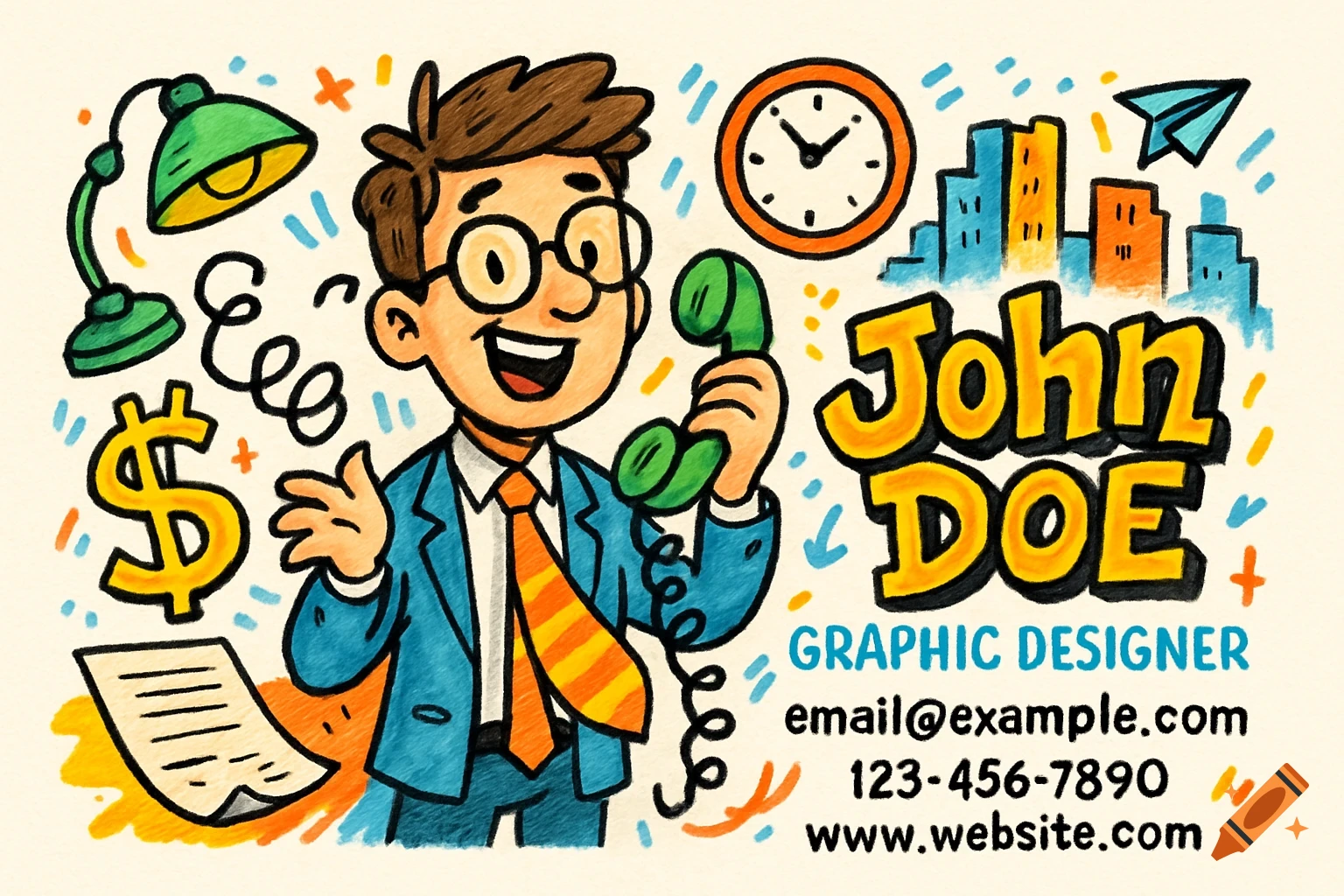 Cartoon business card featuring a happy man in a suit holding a phone, with business icons and contact details.
