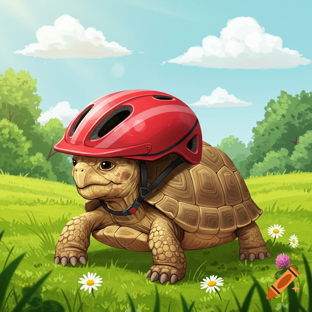 An illustrated tortoise wearing a red bicycle helmet instead of a shell, walking in a sunny grassy field with white daisies.