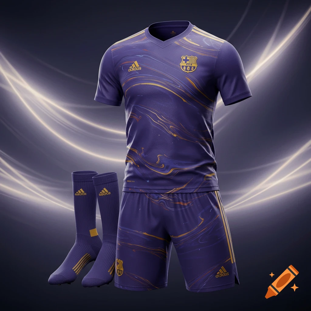 A purple and gold soccer kit, including a shirt, shorts, and socks, featuring Adidas branding and a stylized FC Barcelona crest.