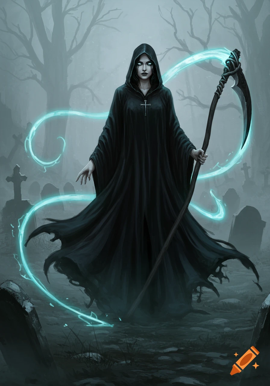 A female Grim Reaper in a black hooded robe holds a glowing scythe in a misty graveyard with bare trees and tombstones.