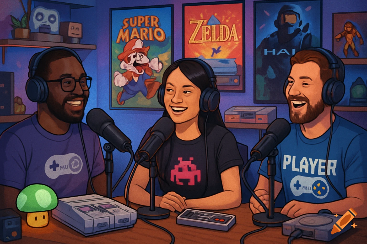 Three diverse hosts laughing during a gaming podcast, surrounded by classic video game posters and consoles, in a colorful cartoon style.