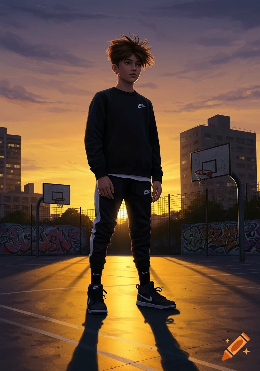 Illustration of a young boy in Nike sportswear standing on a basketball court at sunset, with city buildings and graffiti walls.