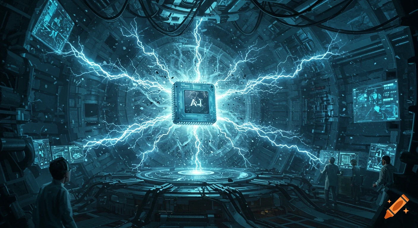 Futuristic lab scene with scientists observing a glowing AI chip radiating electricity in a particle accelerator, cinematic style.