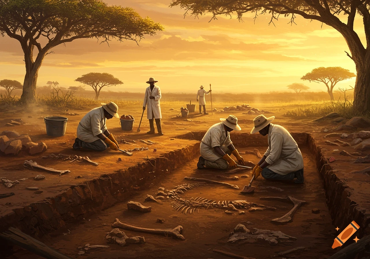 Archaeologists excavate ancient skeletons and bones from the earth in a savanna landscape under a golden sky.