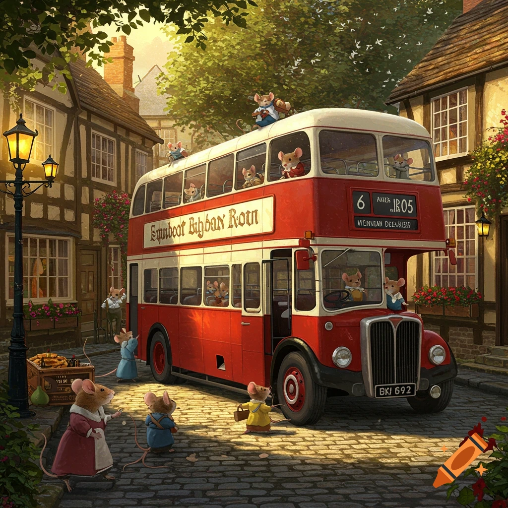Whimsical illustration of anthropomorphic mice boarding a red double-decker bus on a cobblestone street in an English village.