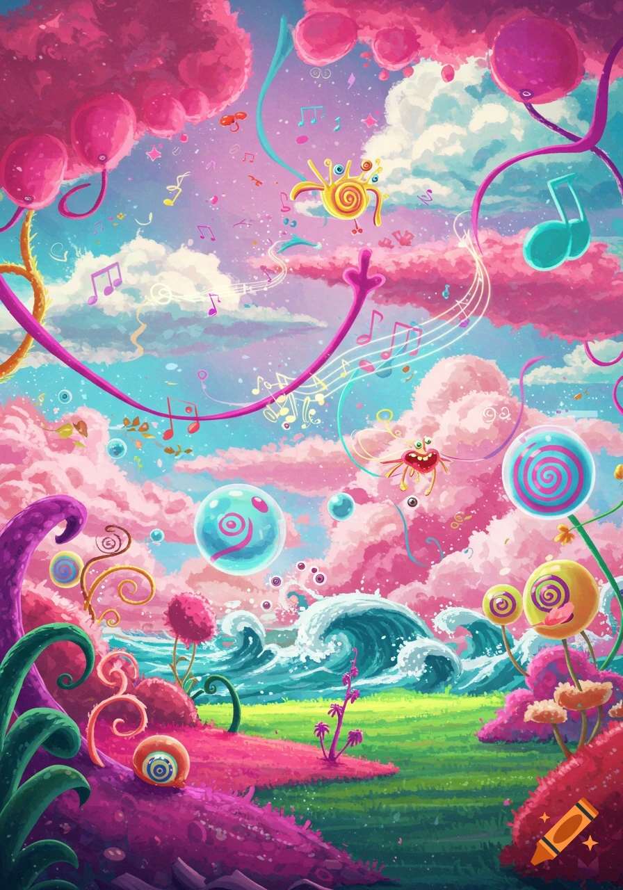 A vibrant, whimsical cartoon fantasy landscape with pink clouds, blue waves, musical notes, candy-like plants, and cute creatures.