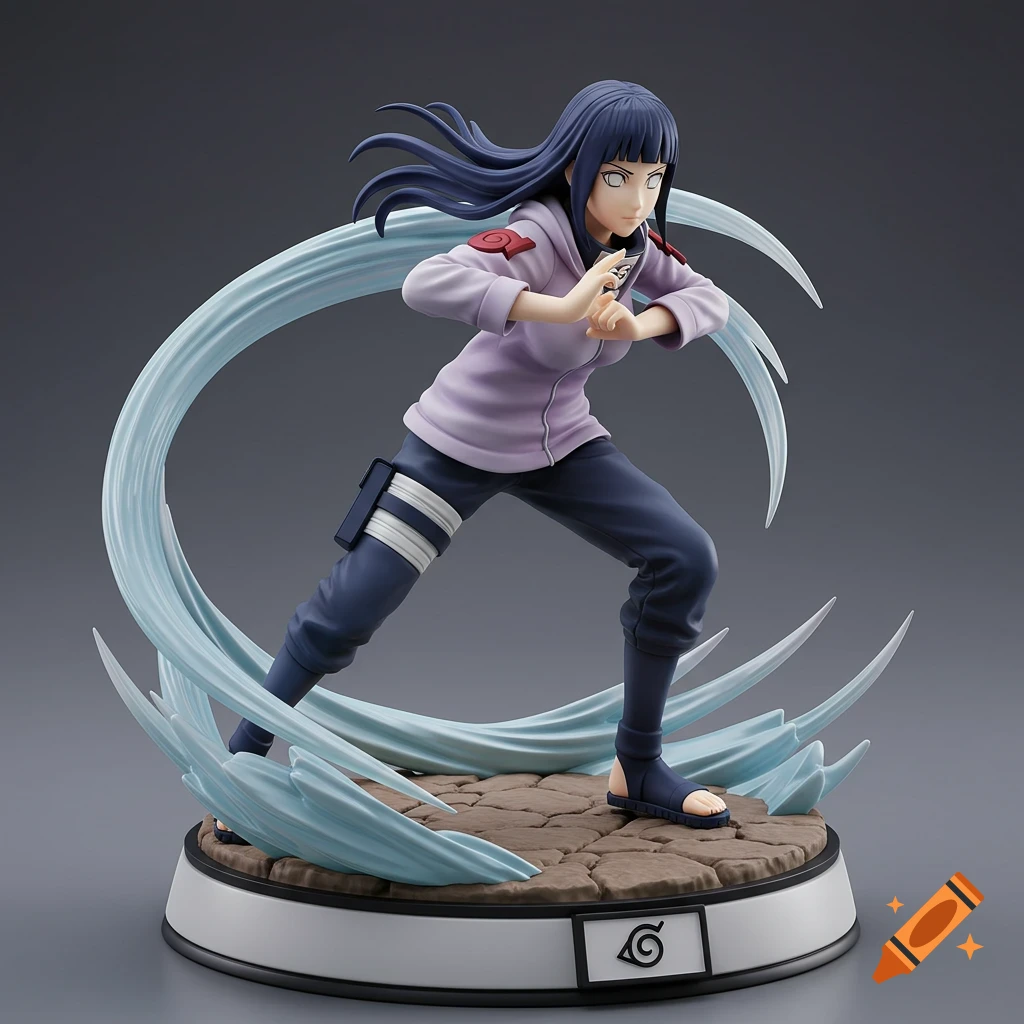Plastic statue of Hinata Hyuga in a martial arts pose, surrounded by light blue energy, on a base with a Konoha symbol.