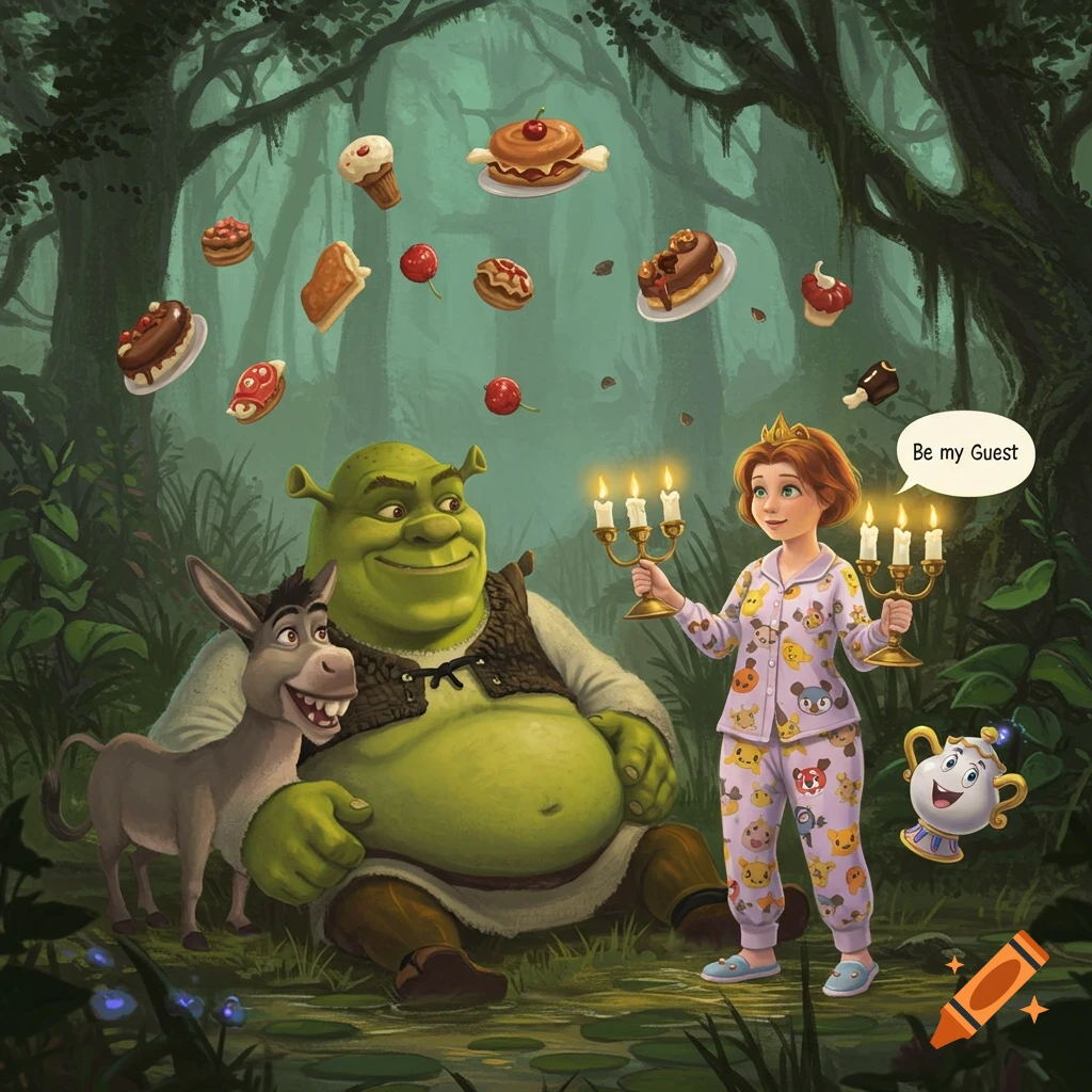 Shrek, Donkey, and a girl in Pokemon pajamas stand in a swamp with flying desserts. The girl holds candelabras and says 'Be my Guest'.