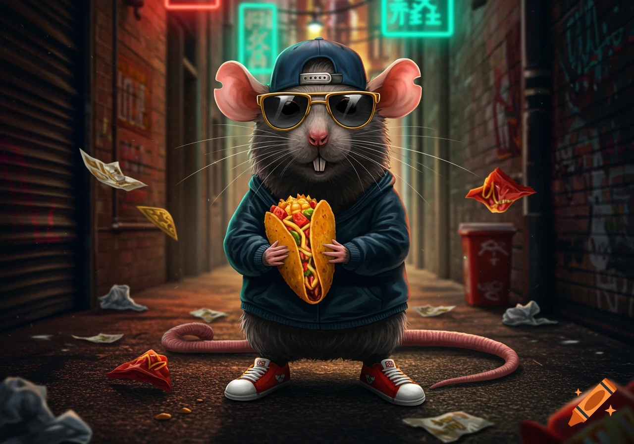 A stylized rat in sunglasses and a hoodie stands in a neon-lit alley, holding a large taco, surrounded by street litter.