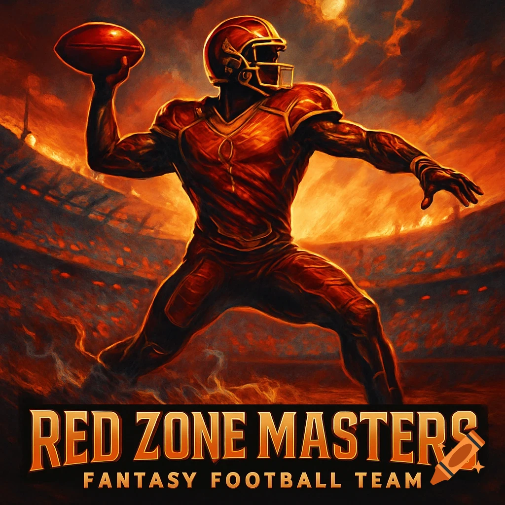Stylized illustration of an American football player in red, poised to throw in a fiery stadium. Text: RED ZONE MASTERS FANTASY FOOTBALL TEAM.