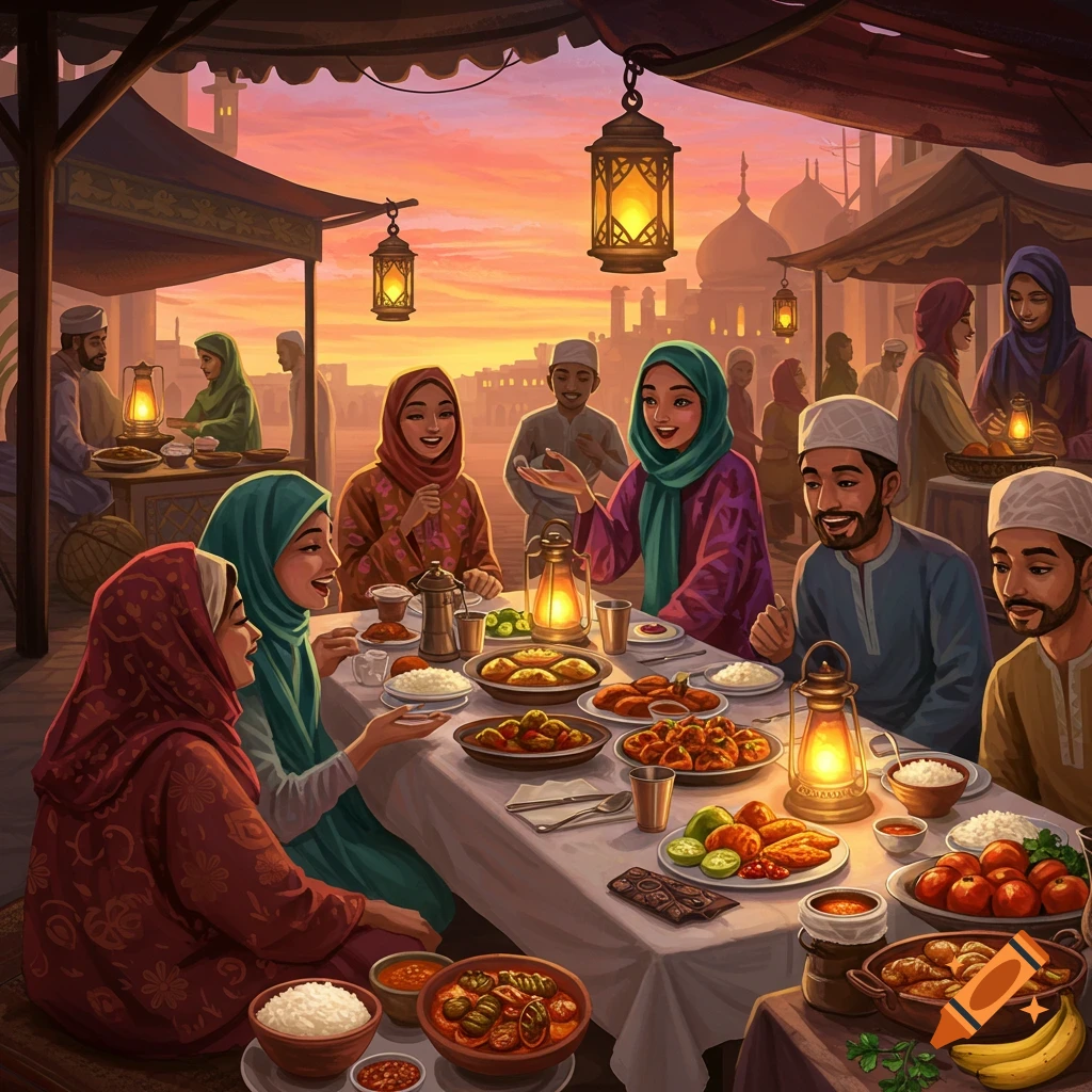 Vibrant illustration of a group of people in traditional attire sharing an outdoor meal at sunset, with lanterns illuminating the scene.