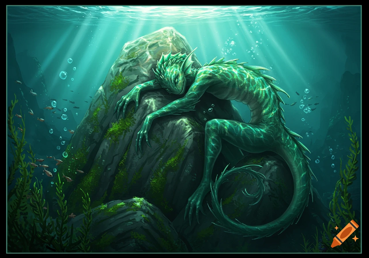 A green, scaly aquatic creature with fins and a coiled tail rests on mossy rocks in a sunlit underwater scene.