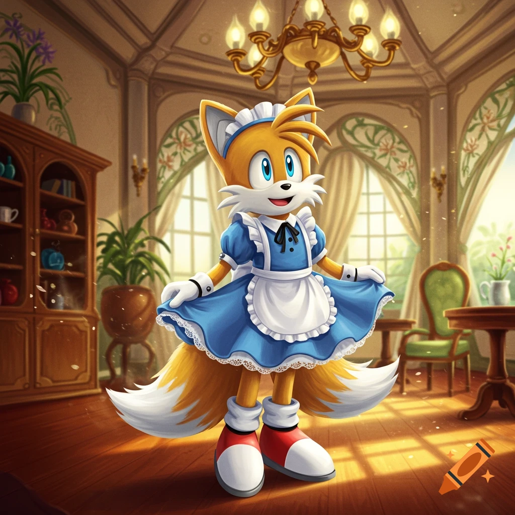 Tails the fox from Sonic wears a blue maid dress in a fancy room with a chandelier.