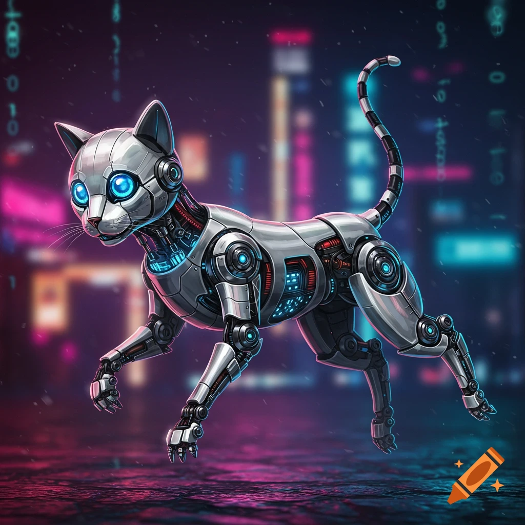 A shiny silver robot cat with glowing blue eyes walks through a neon-lit cyberpunk city at night.
