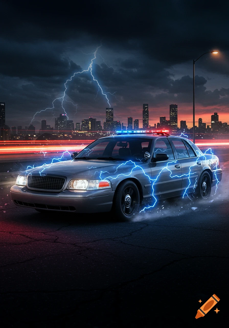 A grey police car with blue lightning effects speeds down a dark road at dusk, against a city skyline with a lightning storm.