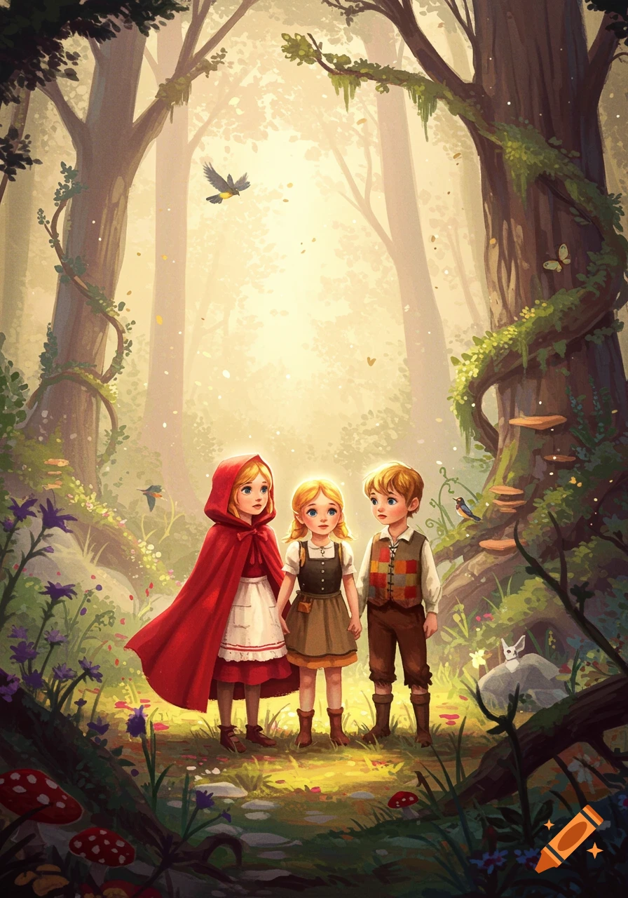 Little Red Riding Hood, a girl, and a boy stand in a lush, sunlit fairy tale forest with tall trees and vibrant flora.