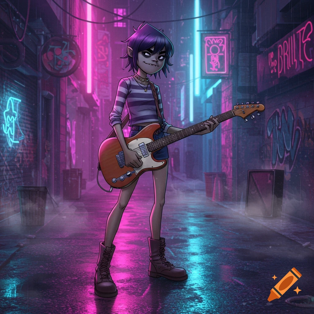Noodle from Gorillaz stands in a neon-lit, rainy cyberpunk alley, holding an electric guitar.