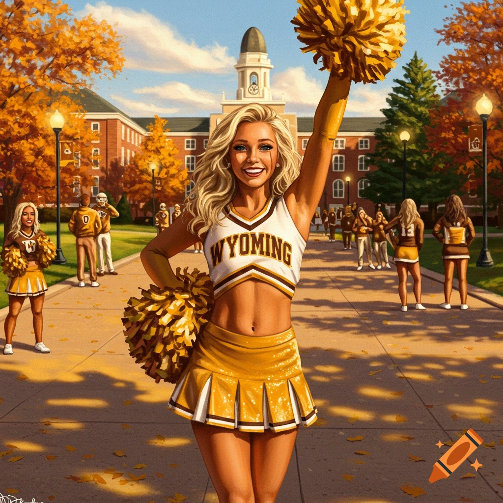 A smiling blonde University of Wyoming cheerleader in uniform with pom-poms on an autumn campus path.