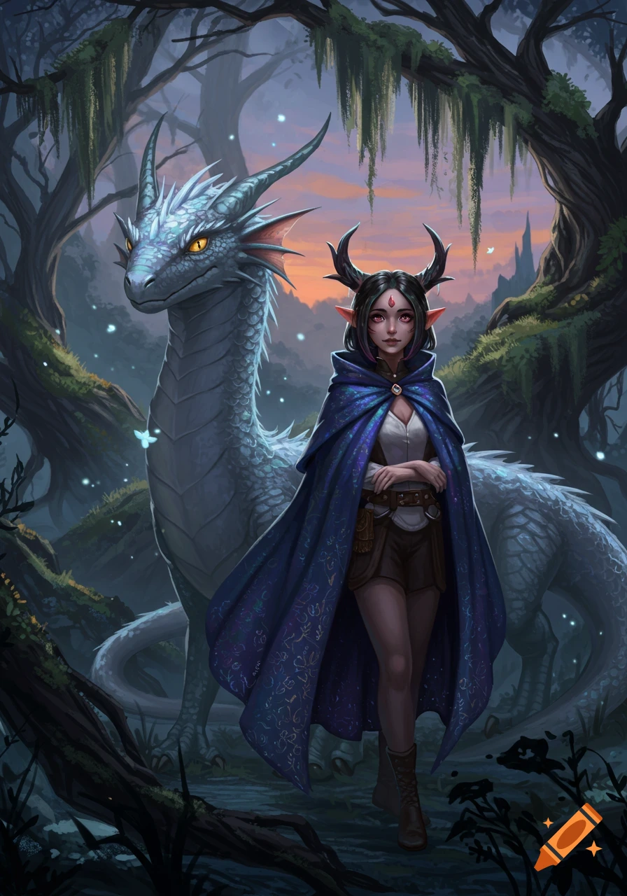An elf-like woman with horns and a blue dragon stand in a mystical, dark forest during twilight, rendered in a detailed fantasy art style.