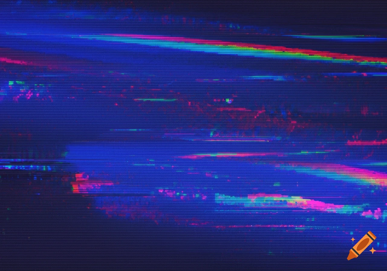 Abstract digital glitch art with horizontal blue lines and colorful pink, red, and green static streaks.