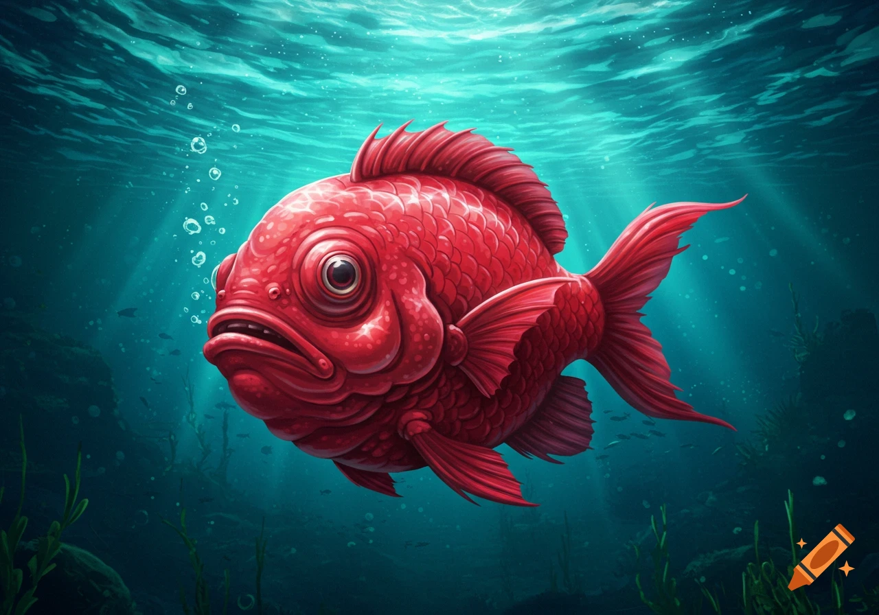 A vibrant red, cartoonishly ugly fish with big eyes and a grumpy expression swims in clear blue underwater with sun rays and bubbles.