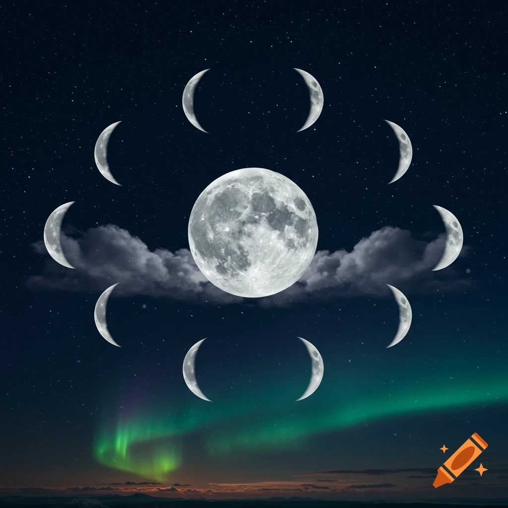 A full moon with eight crescent moons arranged in a circle in a starry night sky with green aurora borealis.