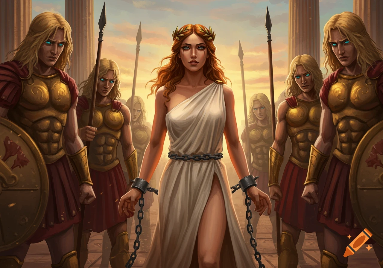 An ancient Greek goddess in a white one-shoulder dress, chained at wrists and waist, surrounded by blond, blue-eyed soldiers in gold armor.