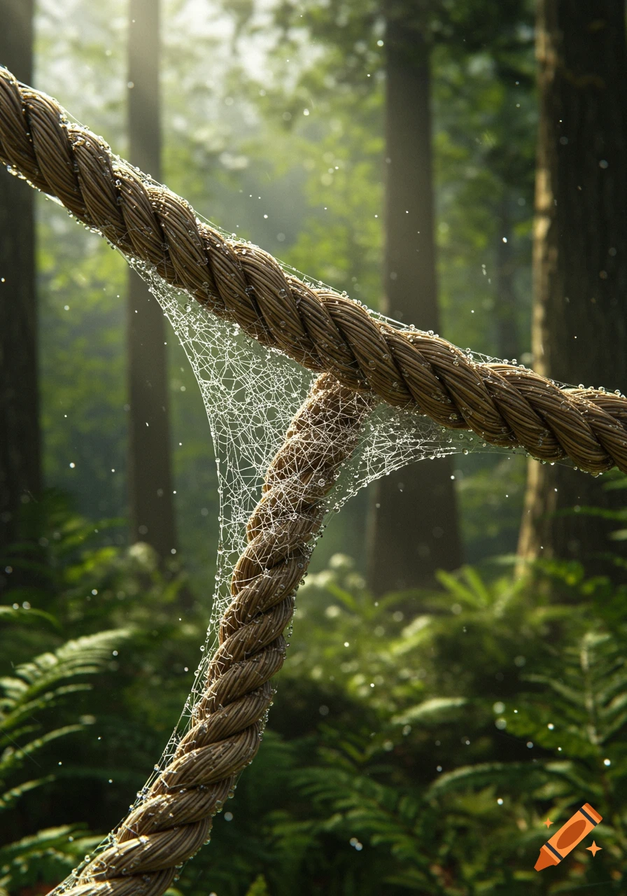 Close-up of a dew-covered spider web connecting two thick ropes in a misty, sun-dappled forest. Photorealistic.