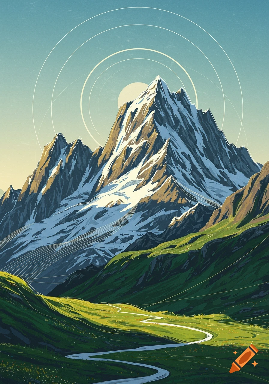 Stylized illustration of a snow-capped mountain, green valleys, and winding river under a sun with concentric circles.