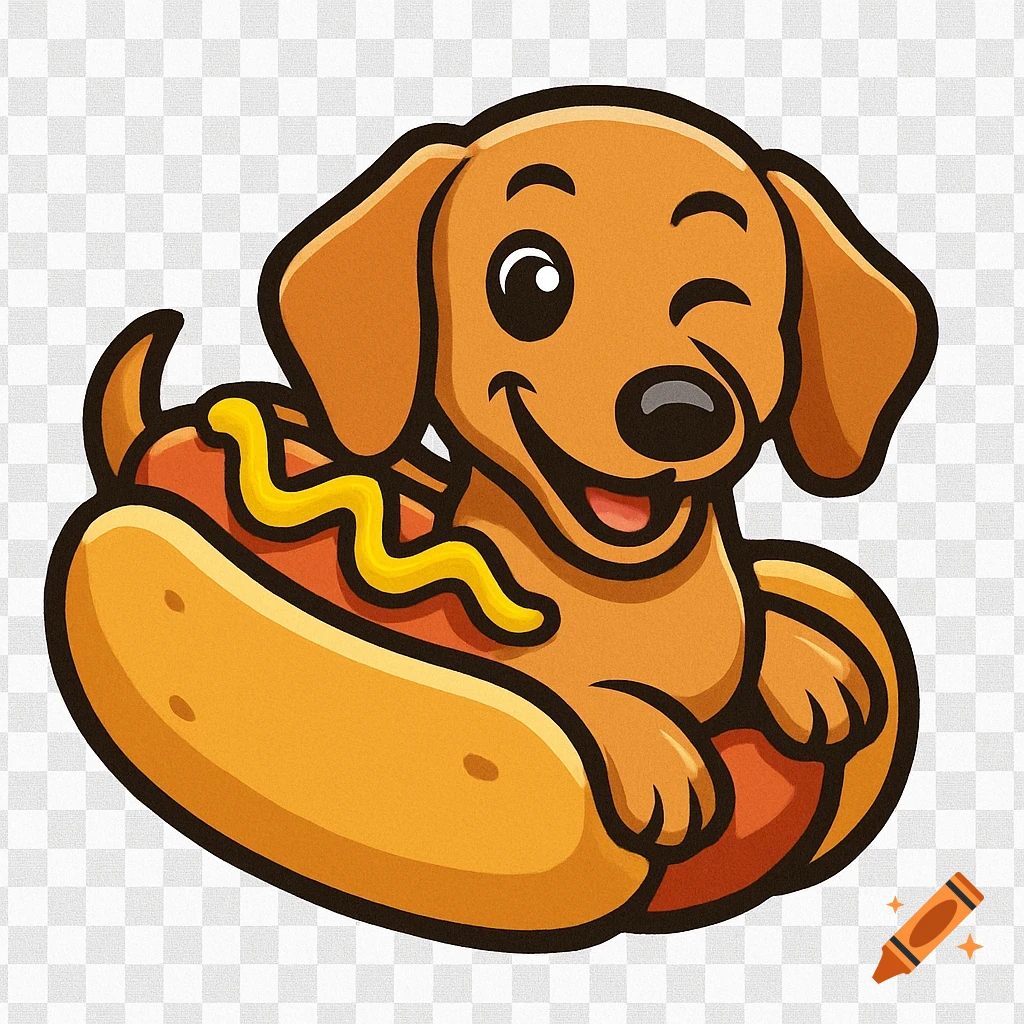 Winking cartoon tan dachshund in a hot dog bun costume with mustard drizzle on a transparent background.