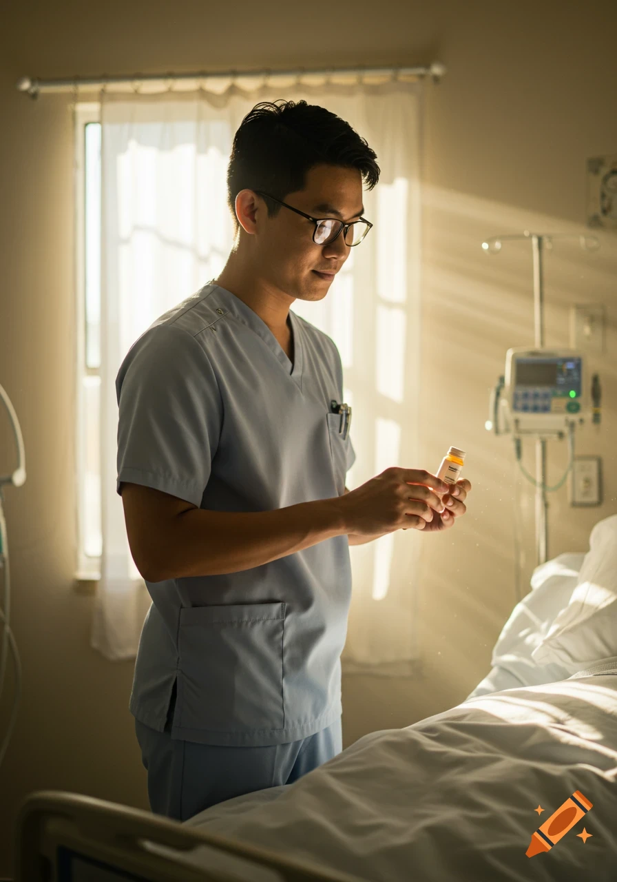 A male nurse in light blue scrubs looks at a medication bottle in a sunlit hospital room next to a patient bed.