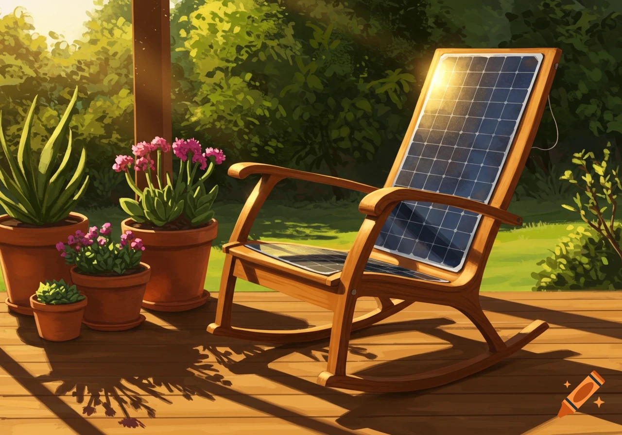 A solar-powered wooden rocking chair on a sunlit deck with potted plants and a green garden in the background.