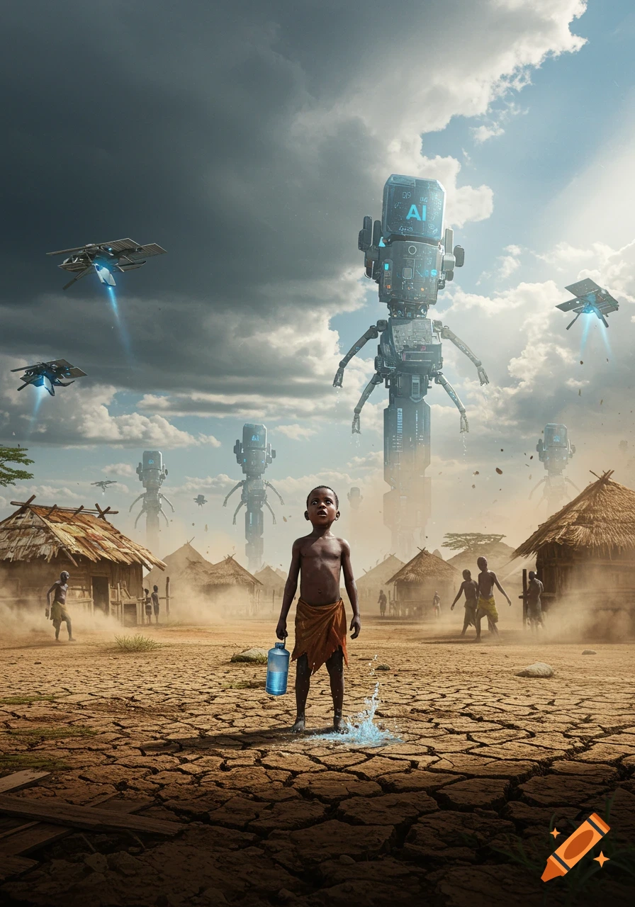 A young boy holds a water bottle in a cracked, dusty village, looking up at colossal, futuristic robots and flying drones under a stormy sky.