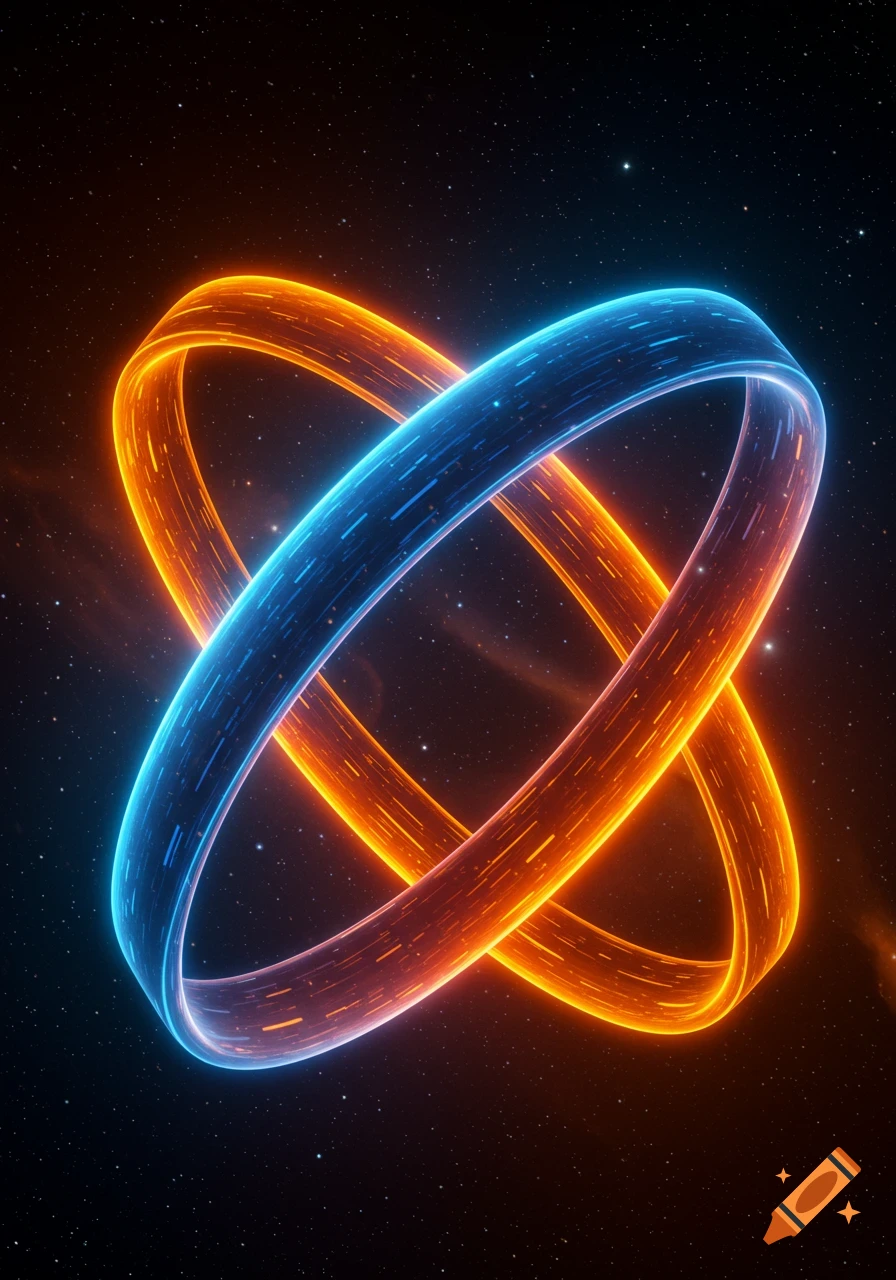 Two glowing, intertwined rings, one blue and one orange, with data-stream textures, against a starry cosmic background.