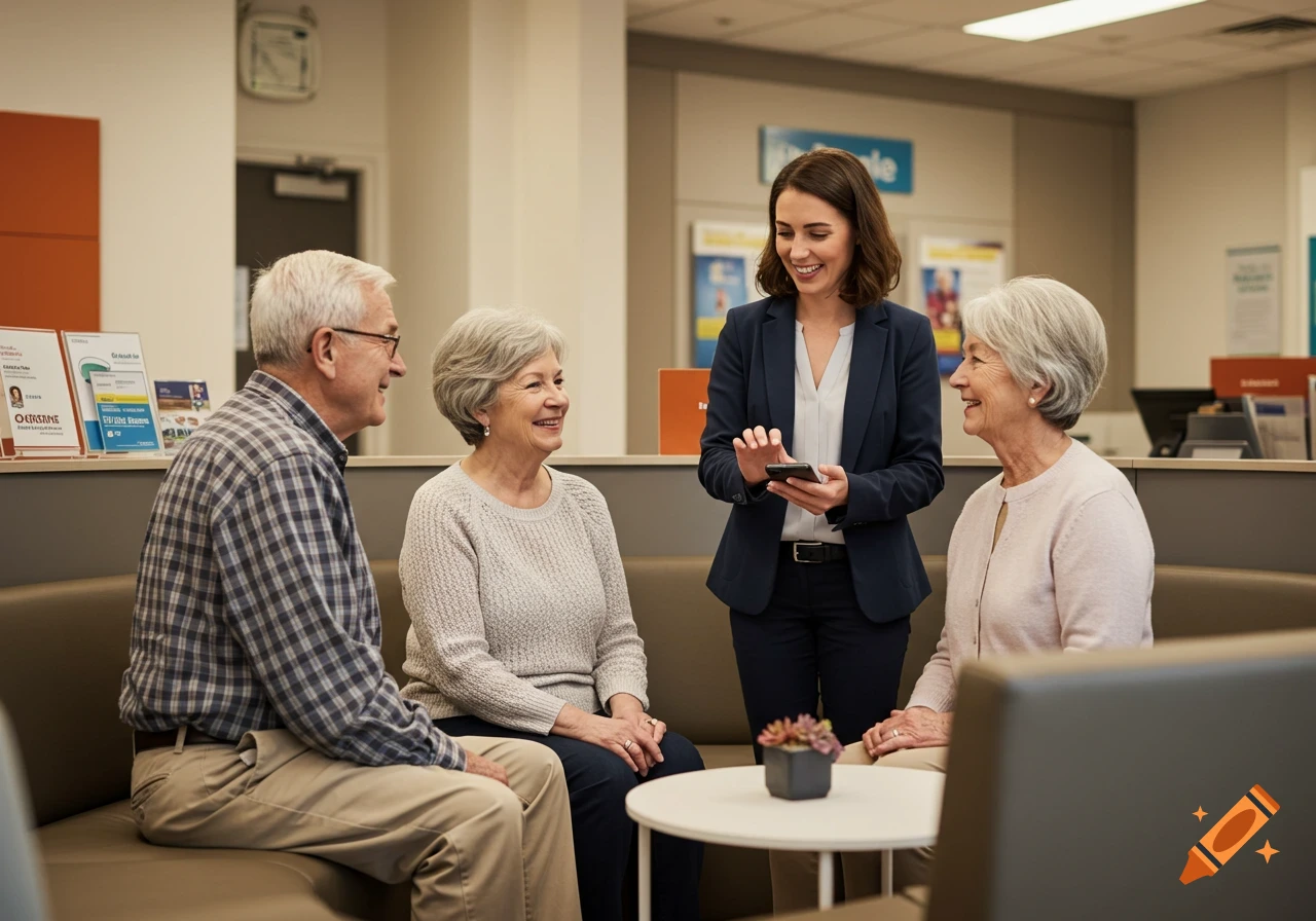 A friendly female bank employee shows something on her phone to two smiling older customers in a warm, professional office setting.