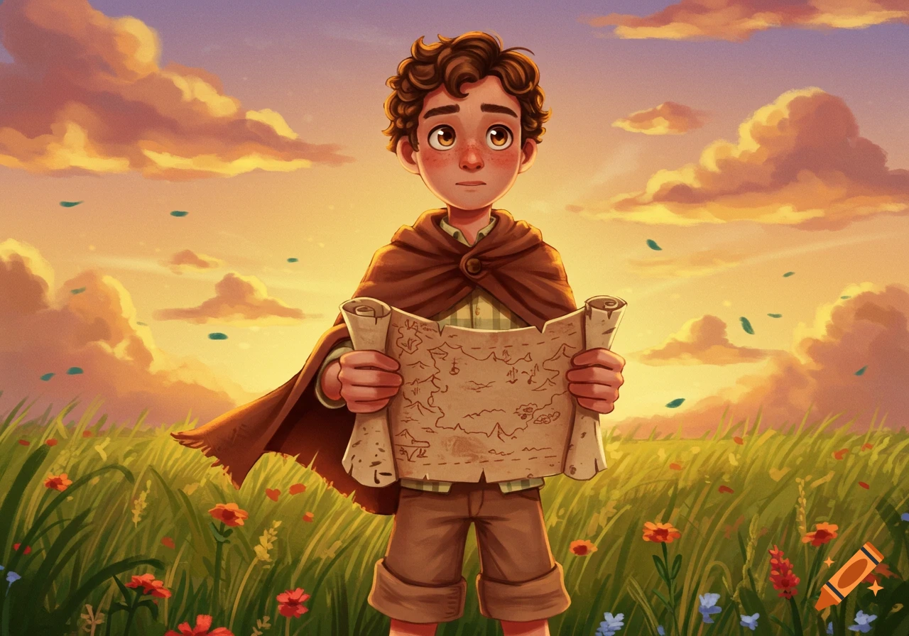 A young boy with curly brown hair and a cloak holds an old map in a field with flowers at sunset, stylized art.