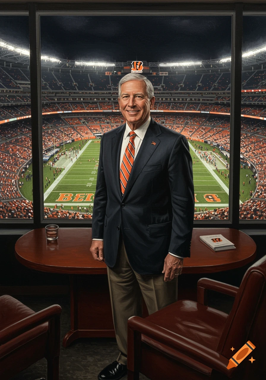 Photorealistic portrait of a man in a suit standing in a stadium skybox overlooking a football game.