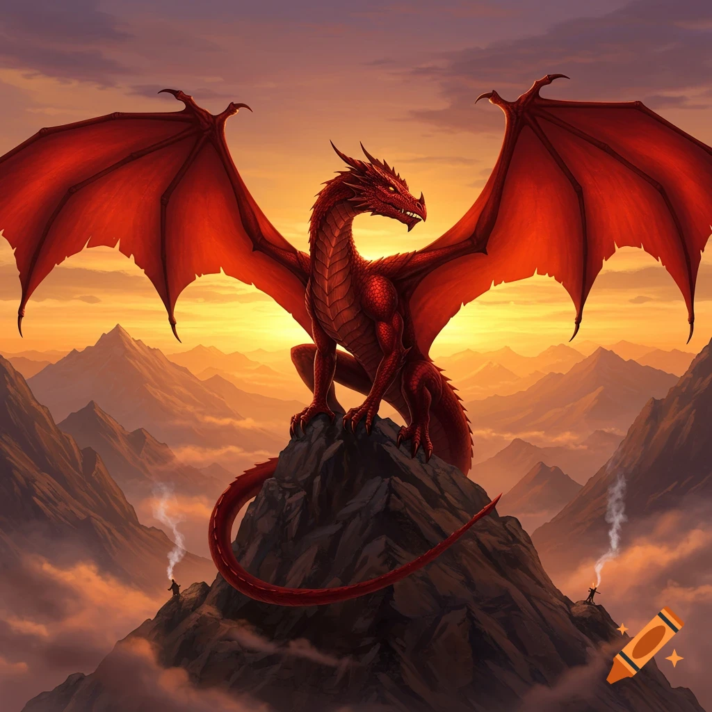 A majestic red dragon with spread wings perched on a rocky mountain peak at sunset, overlooking a vast mountain range.