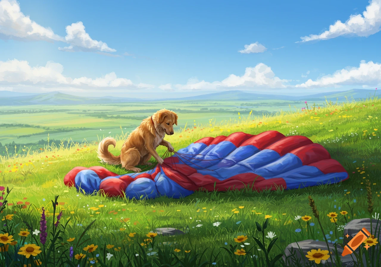 An illustrated golden-brown dog folds a red and blue parachute in a sunny green field with wildflowers.