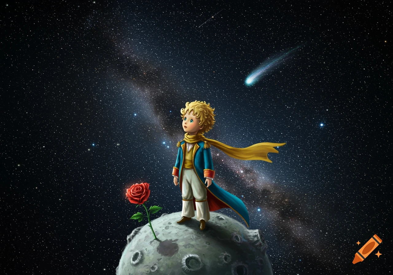 The Little Prince stands on his small, cratered planet next to a red rose, gazing up at a starry night sky with a shooting star.