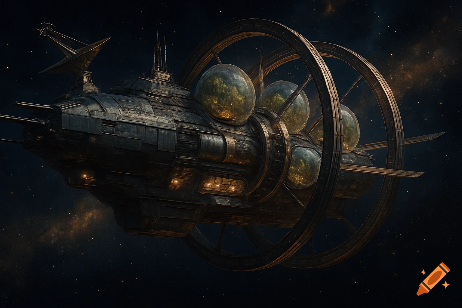 A detailed futuristic spaceship with large rings and multiple glowing biospheres, flying through dark space.