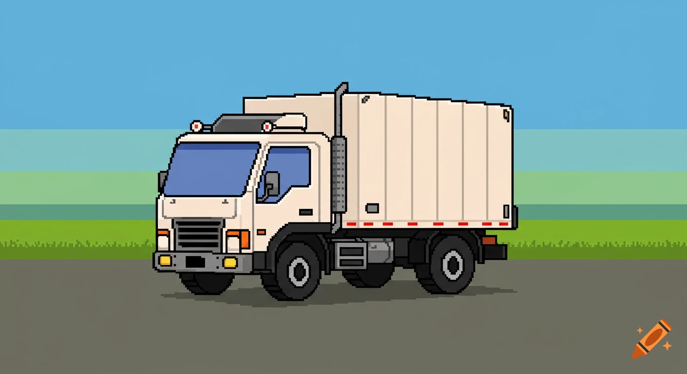 A pixel art image of a white sanitation truck on a road, with a green and blue background.