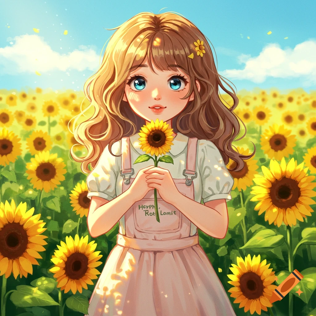 A cute anime girl with blue eyes holds a sunflower in a vibrant, sunny field of sunflowers, rendered in a cheerful illustrative style.