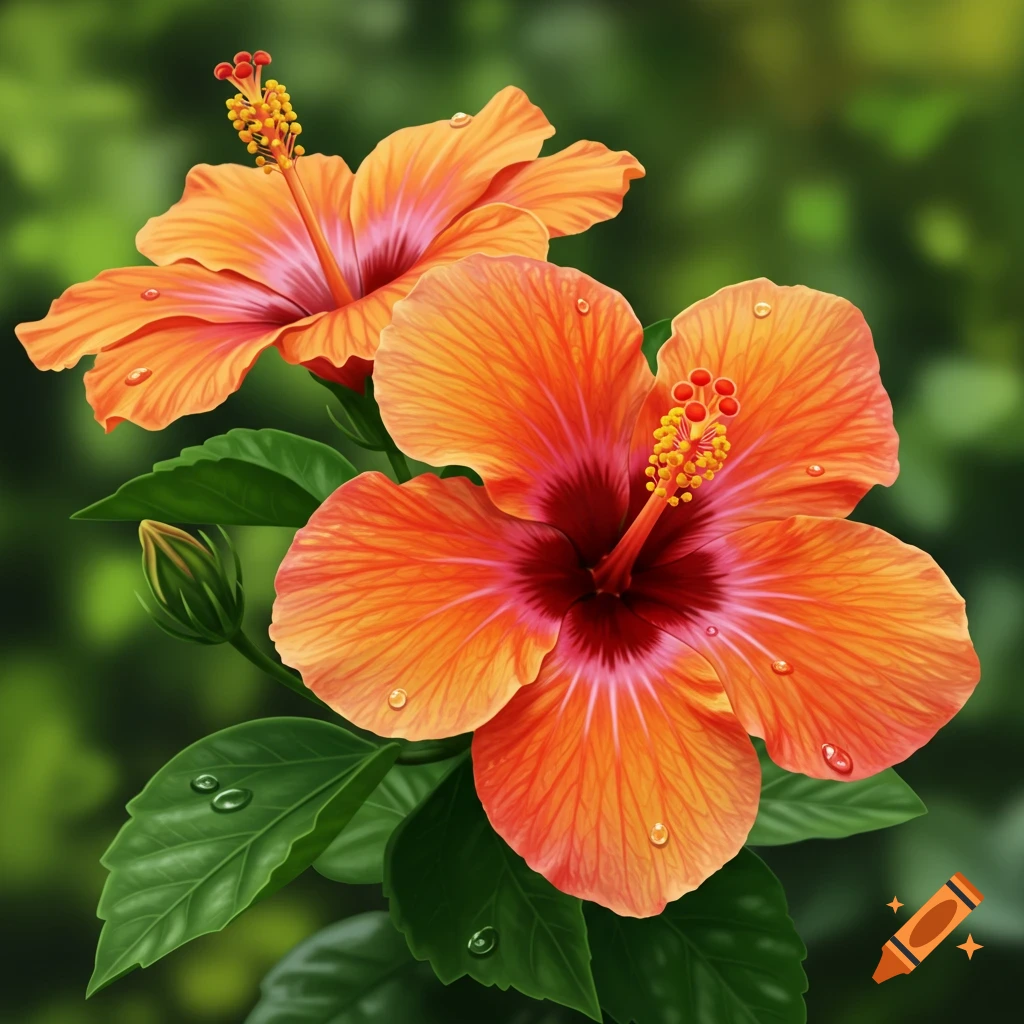 Two vibrant orange and pink hibiscus flowers with water droplets on petals and leaves against a blurred green background.