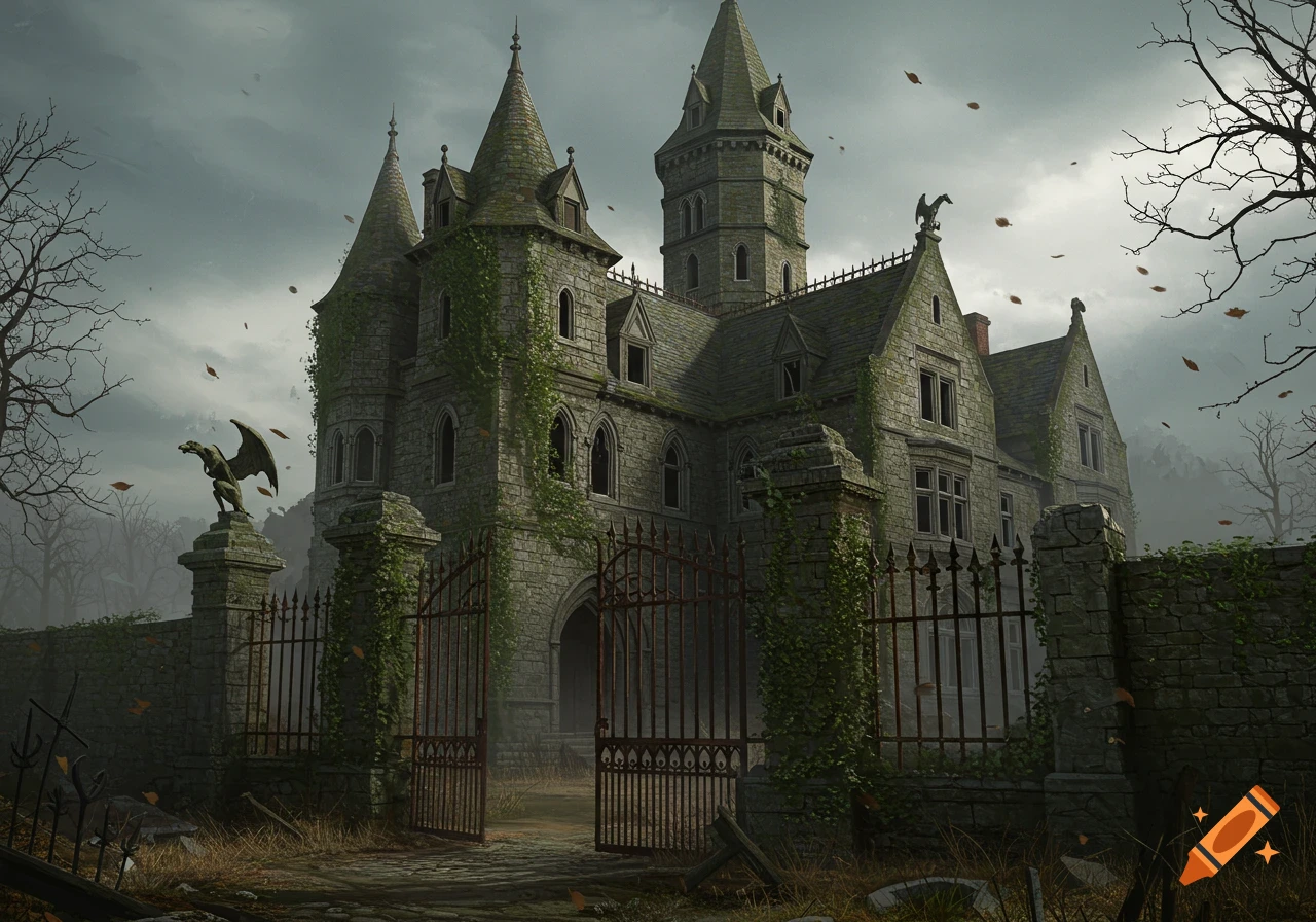 A gloomy gothic manor with stone walls, pointed towers, and a rusted iron gate under a dark sky, surrounded by barren trees and falling leaves.