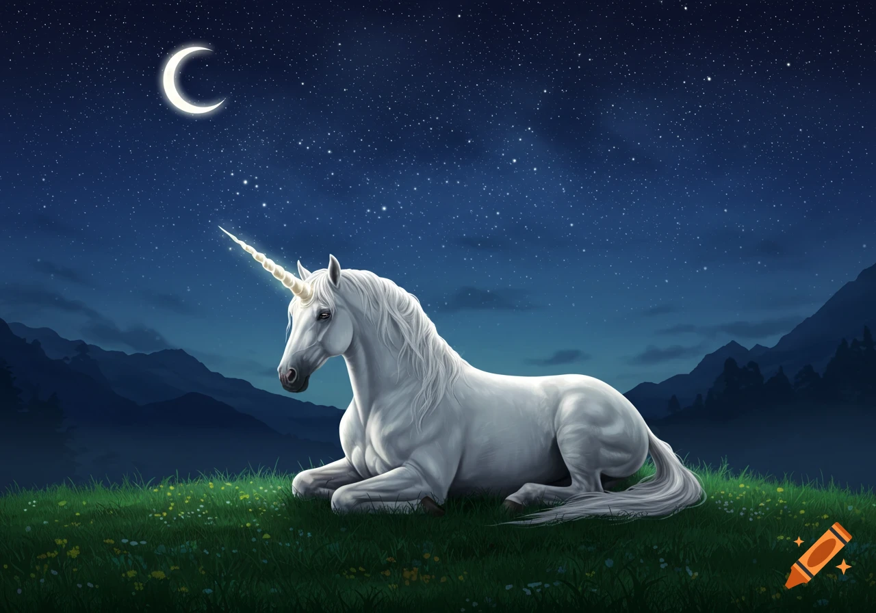 A majestic white unicorn with a glowing horn sits in a lush green field under a starry night sky with a crescent moon and distant mountains.