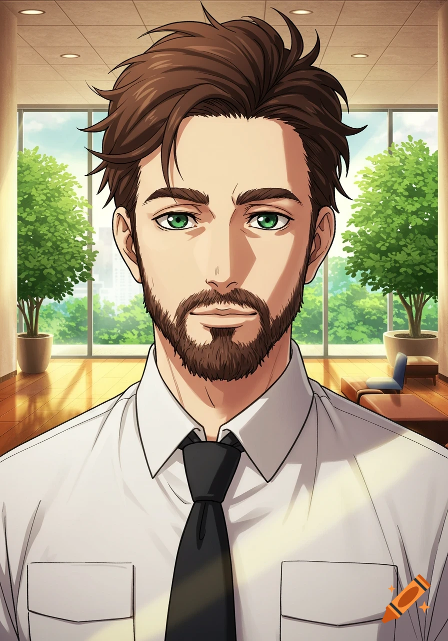 Anime portrait of a bearded man with green eyes, in a white shirt and black tie, standing in an office.