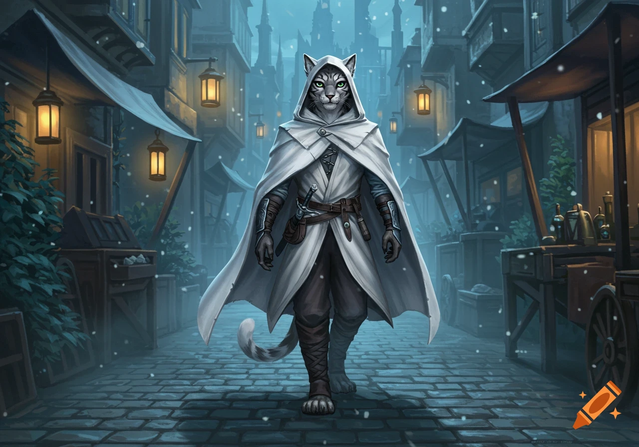 A cloaked, grey-furred cat-like humanoid with green eyes walks down a snowy cobblestone street in a fantasy town at night.