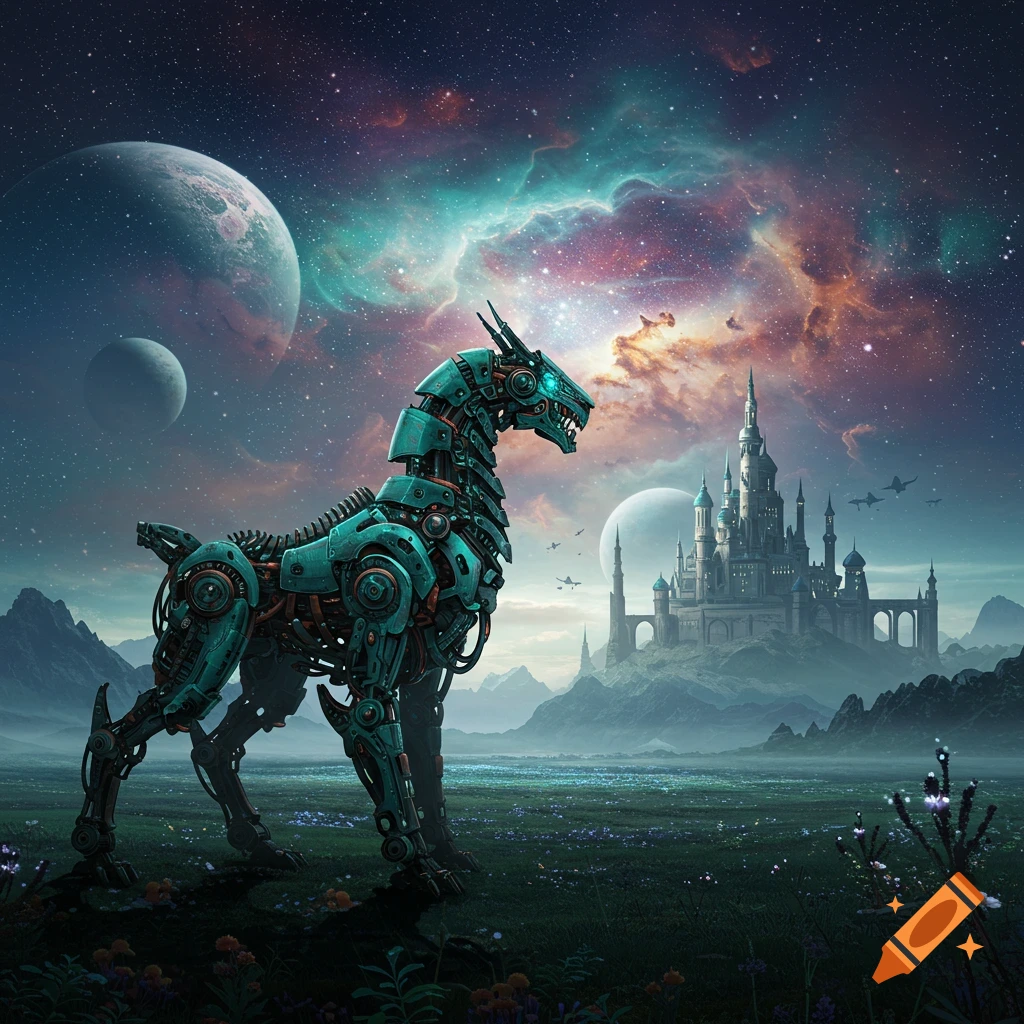 A teal mechanical horse stands in a field with a fantasy castle and planets under a vibrant nebula.